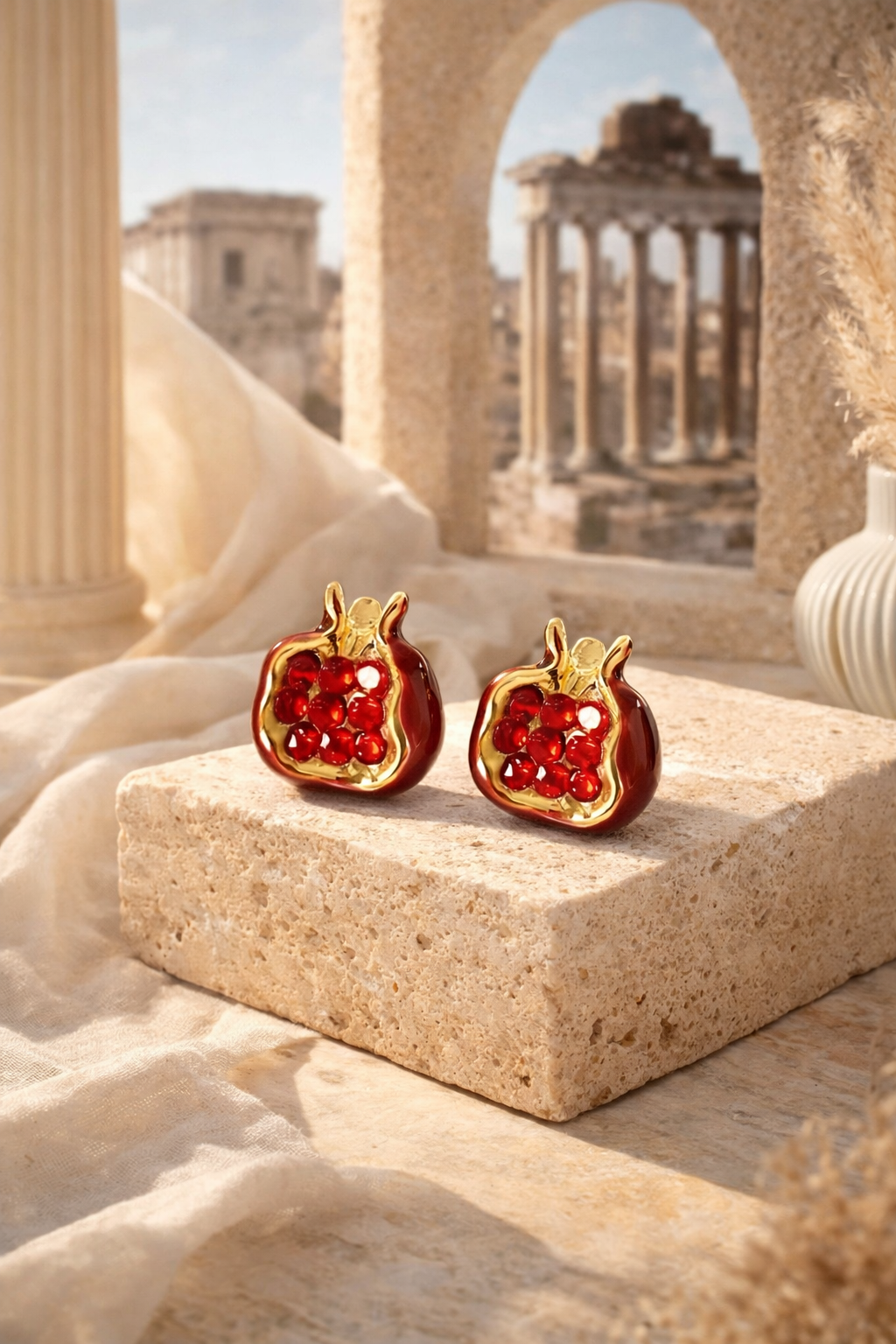 Brinco Romã Dourada com Esmalte Vermelho