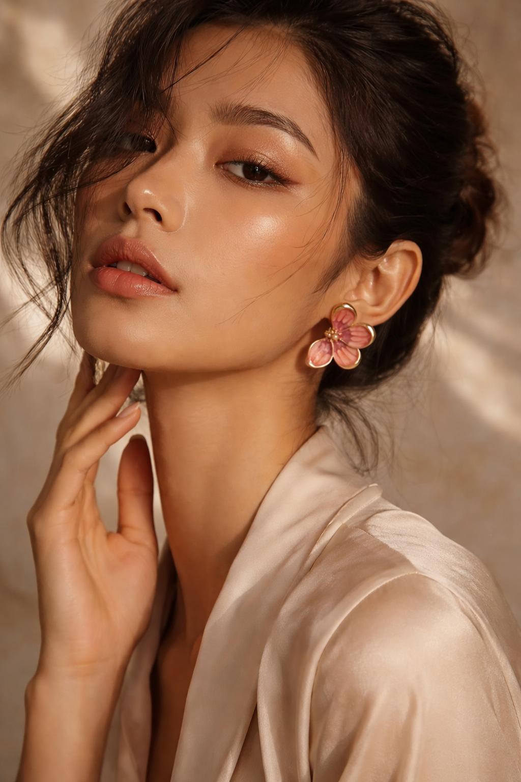 Brinco Flor em Metal Dourado com Esmaltação Artística Rosé